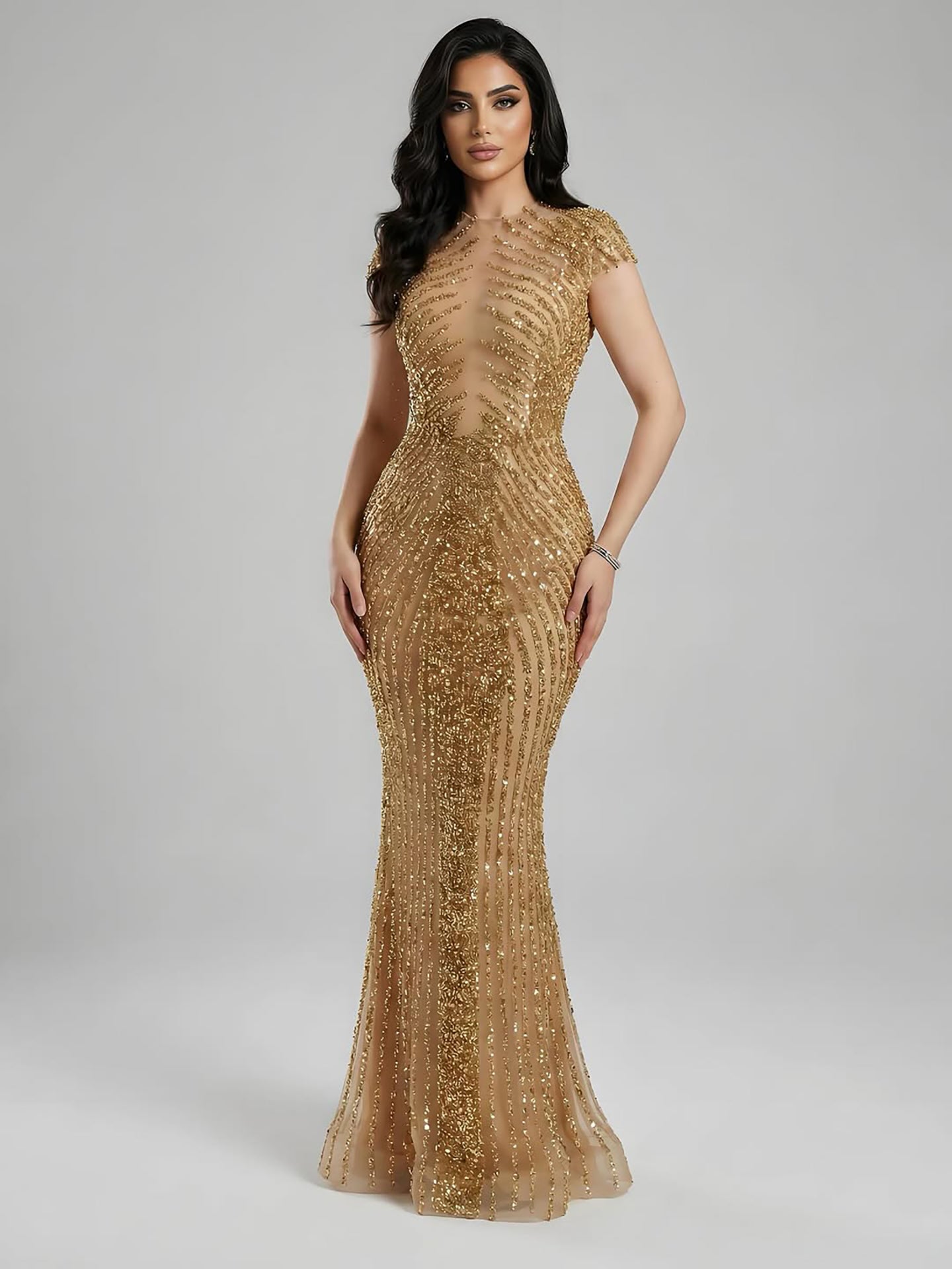 Luxury Saudi Arabic Gold Beaded Mermaid Evening Dress LA73221 - SERENE  HILL