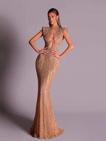 Luxury Saudi Arabic Gold Beaded Mermaid Evening Dress LA73221 - SERENE  HILL