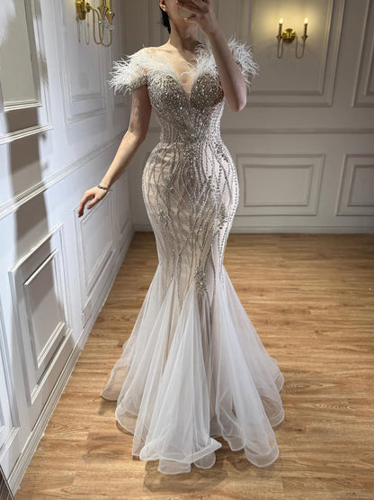 Luxury Nude Feather Beaded Mermaid Off Shoulder Evening Dress LA73223