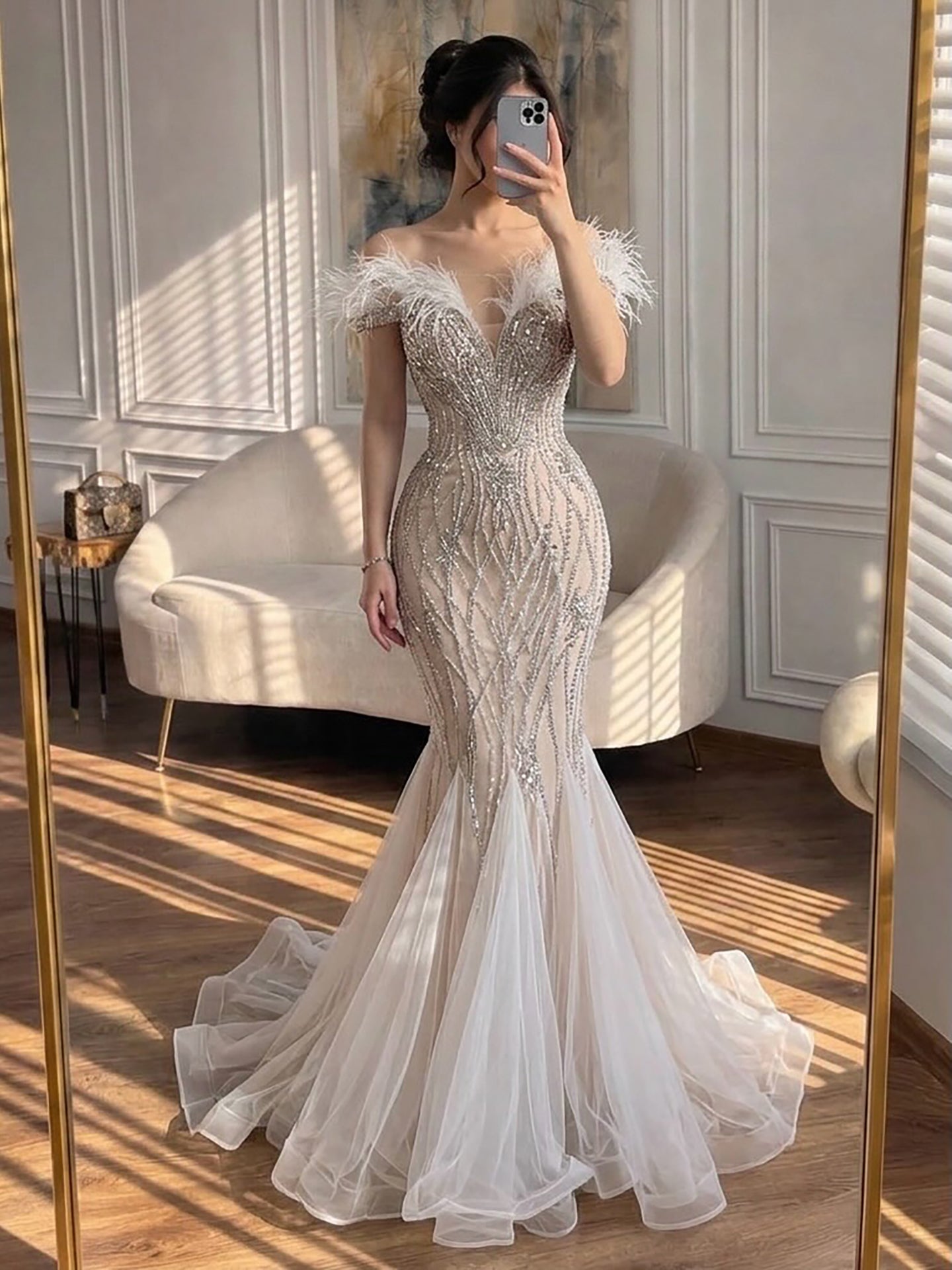 Luxury Nude Feather Beaded Mermaid Off Shoulder Evening Dress LA73223 Pink / 6