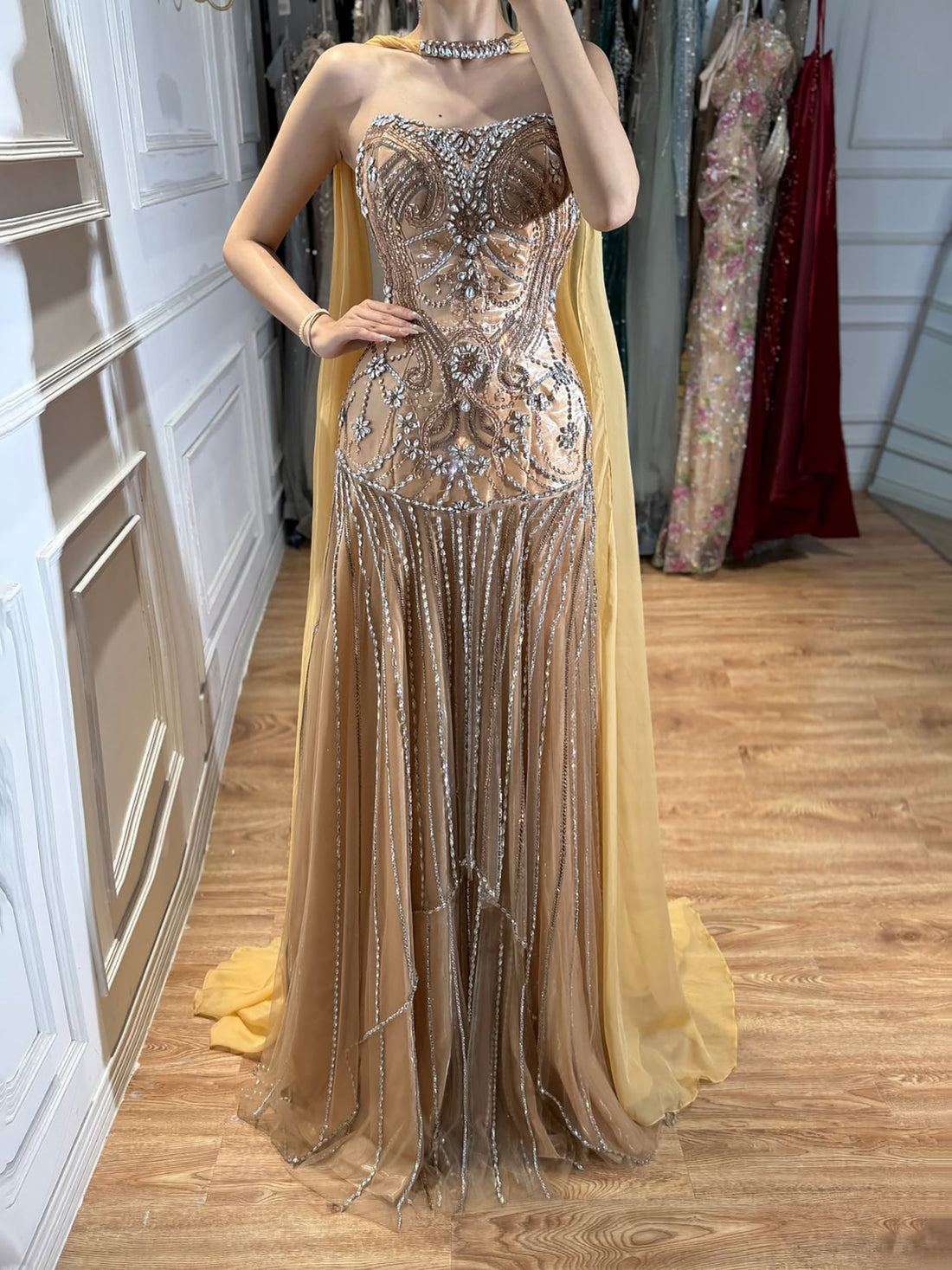 Luxury Gold Diamond Evening Dress with Cape for Wedding Party LA73224 SERENE HILL