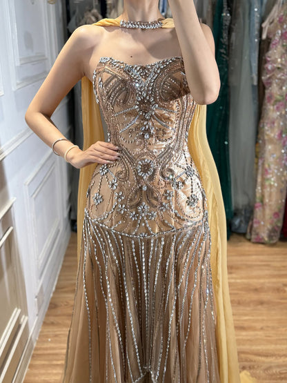Luxury Gold Diamond Evening Dress with Cape for Wedding Party LA73224 SERENE HILL