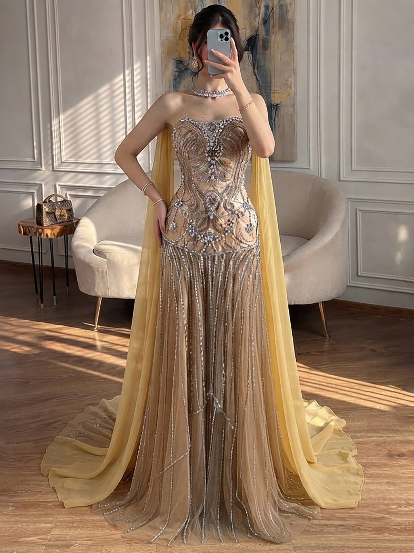 Luxury Gold Diamond Evening Dress with Cape for Wedding Party LA73224 SERENE HILL