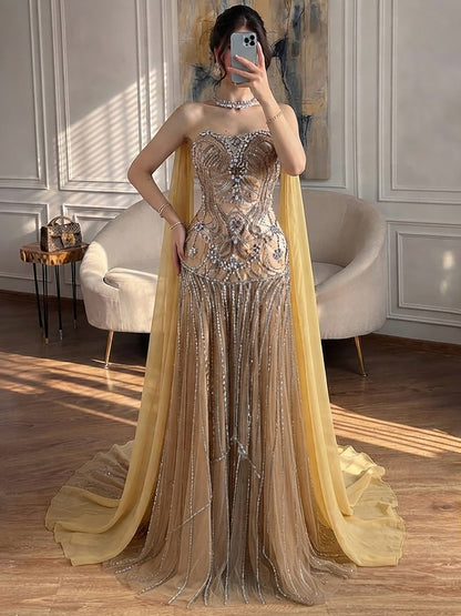 Luxury Gold Diamond Evening Dress with Cape for Wedding Party LA73224 SERENE HILL