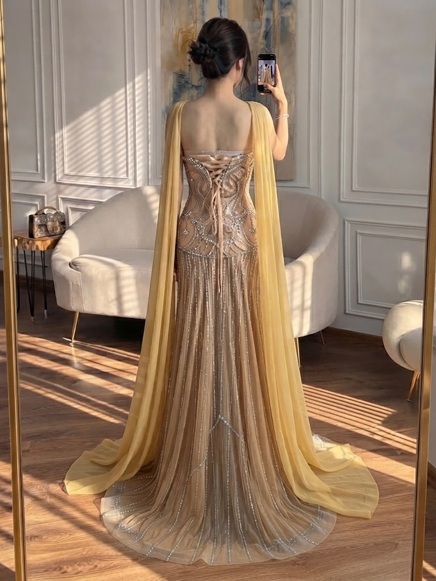 Luxury Gold Diamond Evening Dress with Cape for Wedding Party LA73224 SERENE HILL