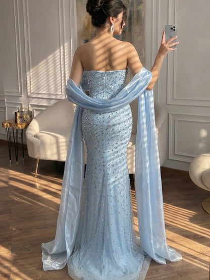 Luxury Pink Diamond Evening Dress with Cape Gown for Wedding Party LA73225