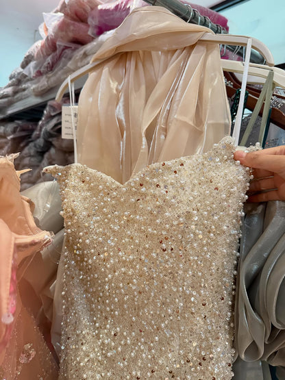 Luxury Beige Pearl Beaded Spaghetti Strap Mermaid Dress LA73225A SERENE HILL