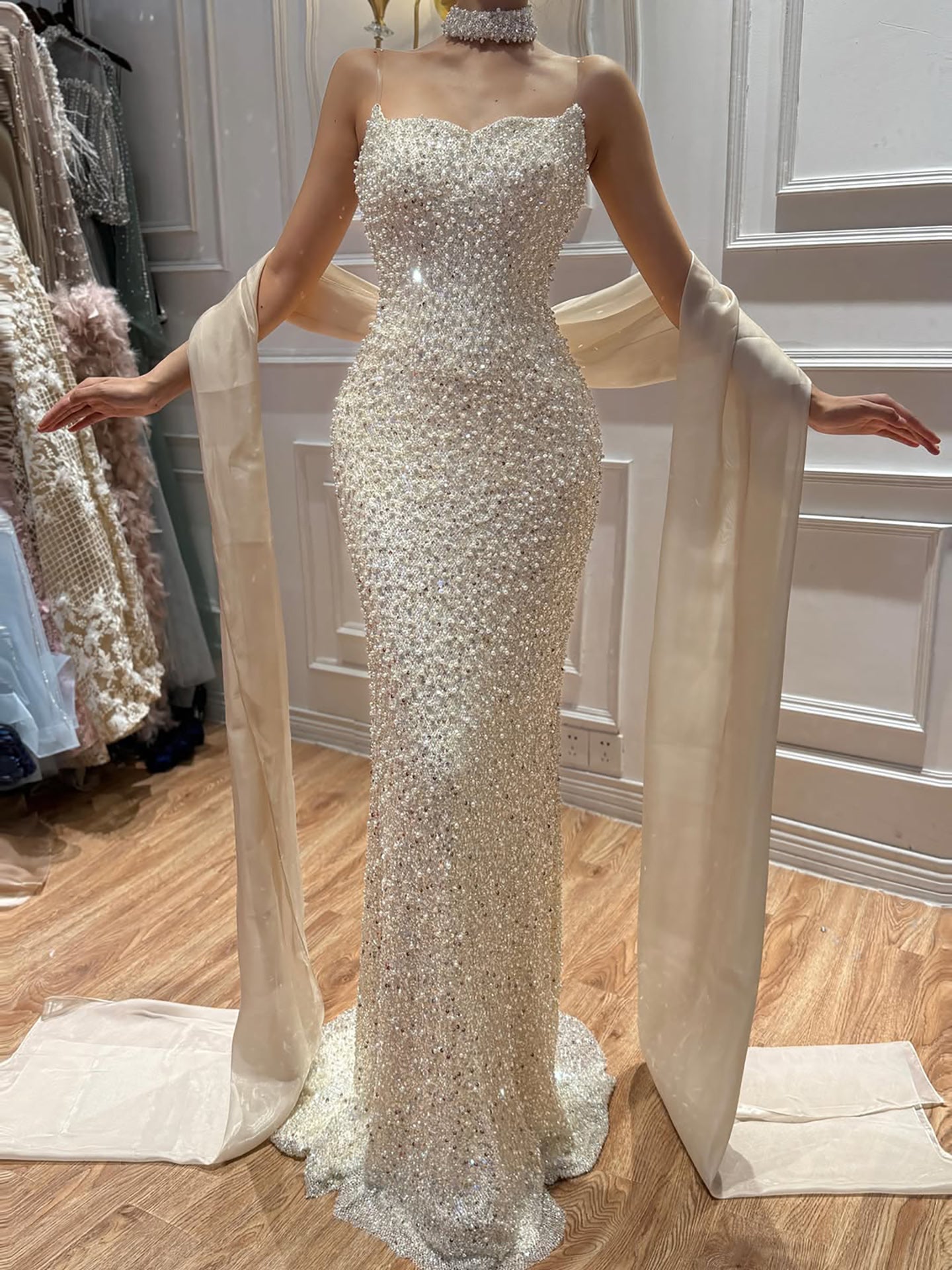 beige mermaid dress Satin Ruched Long Mermaid Evening Prom Dress With Slit TANYA BRIDAL