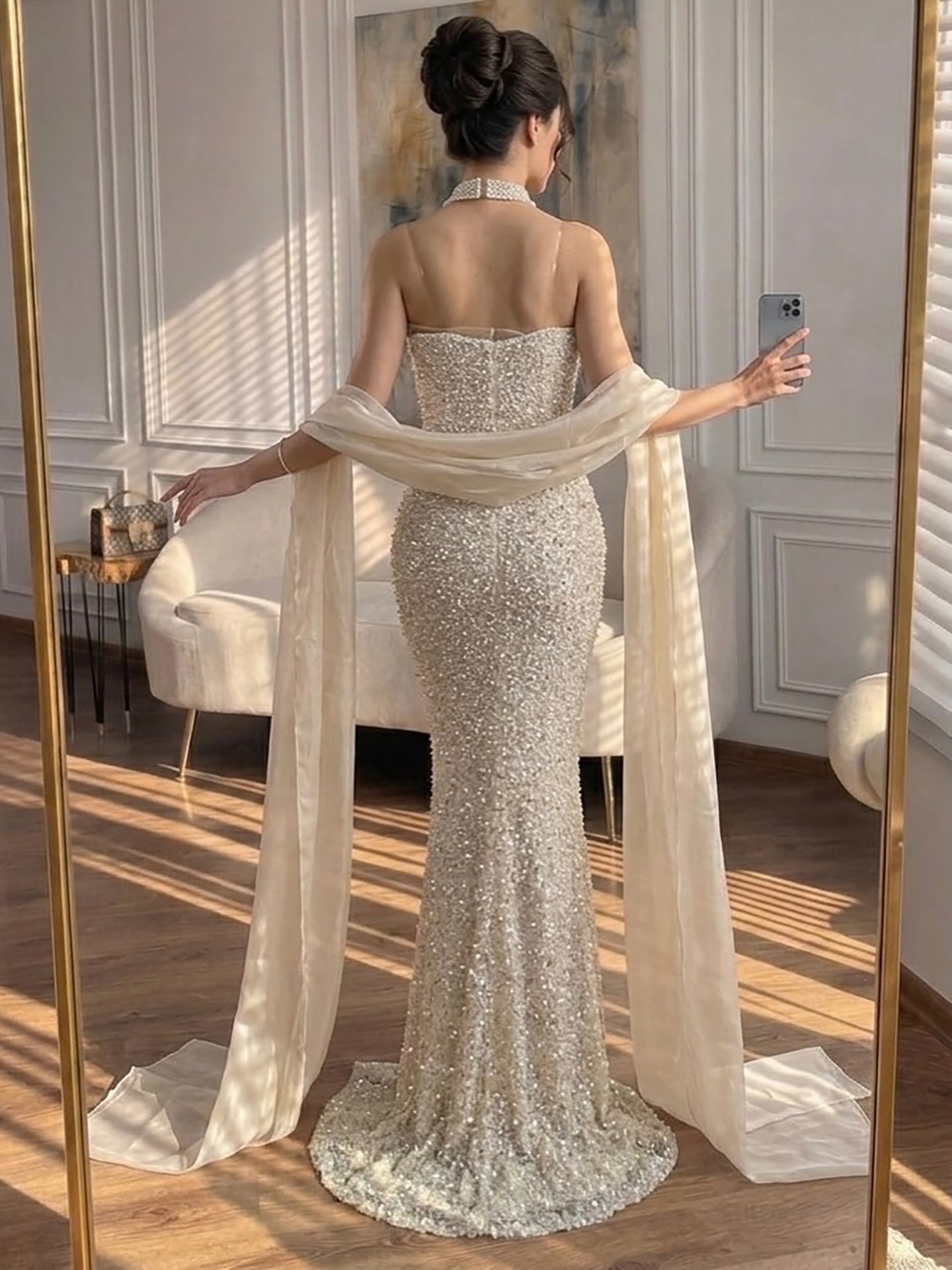 Luxury Beige Pearl Beaded Spaghetti Strap Mermaid Dress LA73225A SERENE HILL