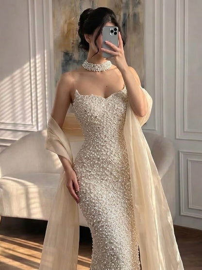 Luxury Beige Pearl Beaded Spaghetti Strap Mermaid Dress LA73225A SERENE HILL