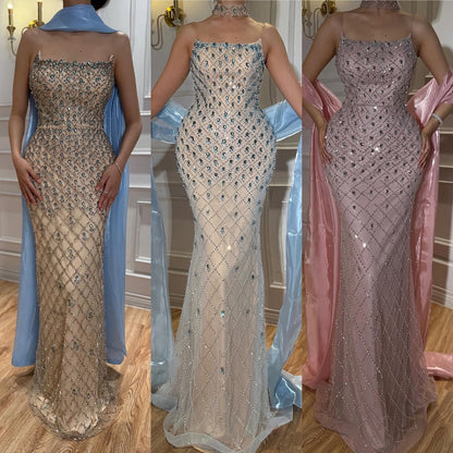 Luxury Blue Diamond Evening Dress with Cape Gown for Wedding Party LA73226 SERENE HILL