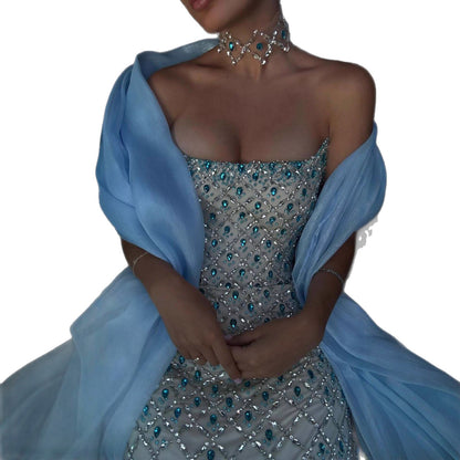 Luxury Blue Diamond Evening Dress with Cape Gown for Wedding Party LA73226