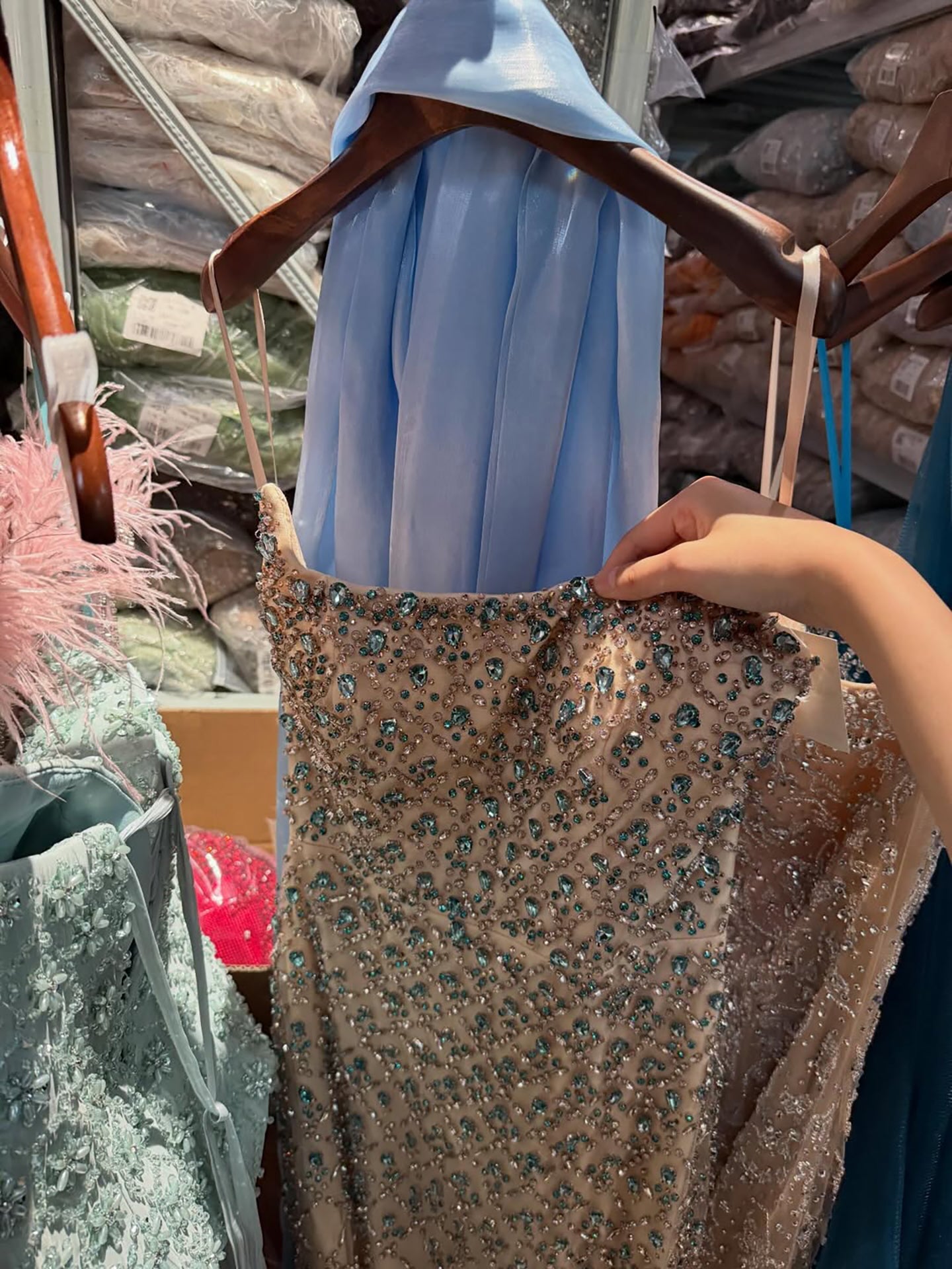 Luxury Blue Diamond Evening Dress with Cape Gown for Wedding Party LA73226