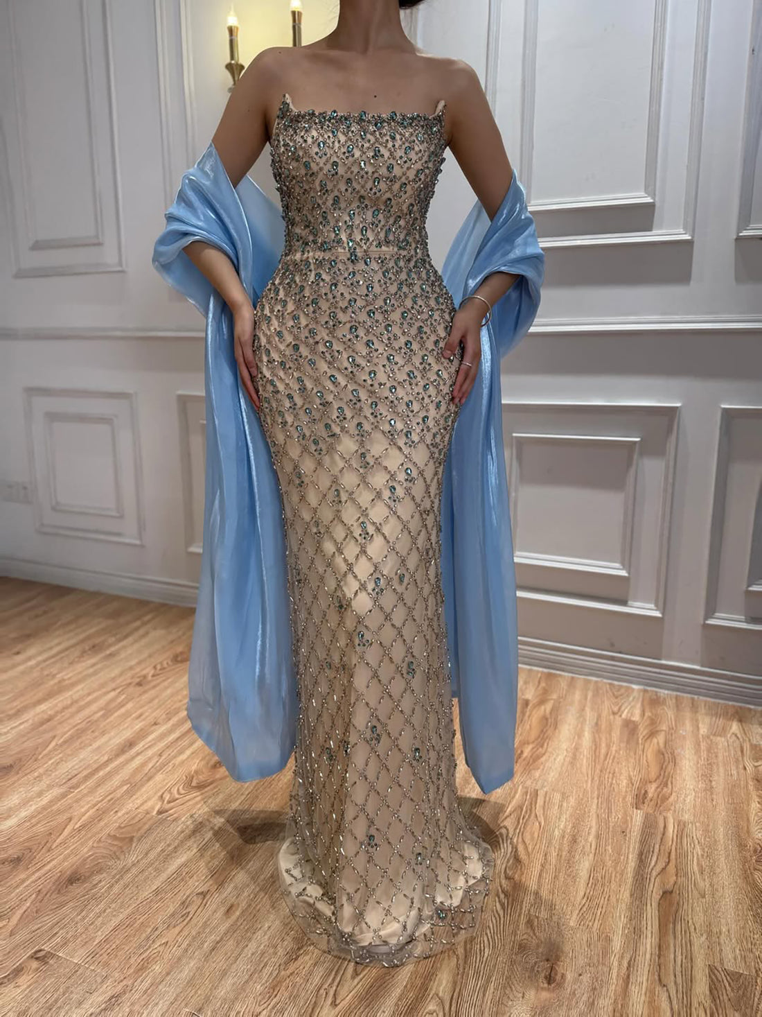 Luxury Blue Diamond Evening Dress with Cape Gown for Wedding Party LA73226