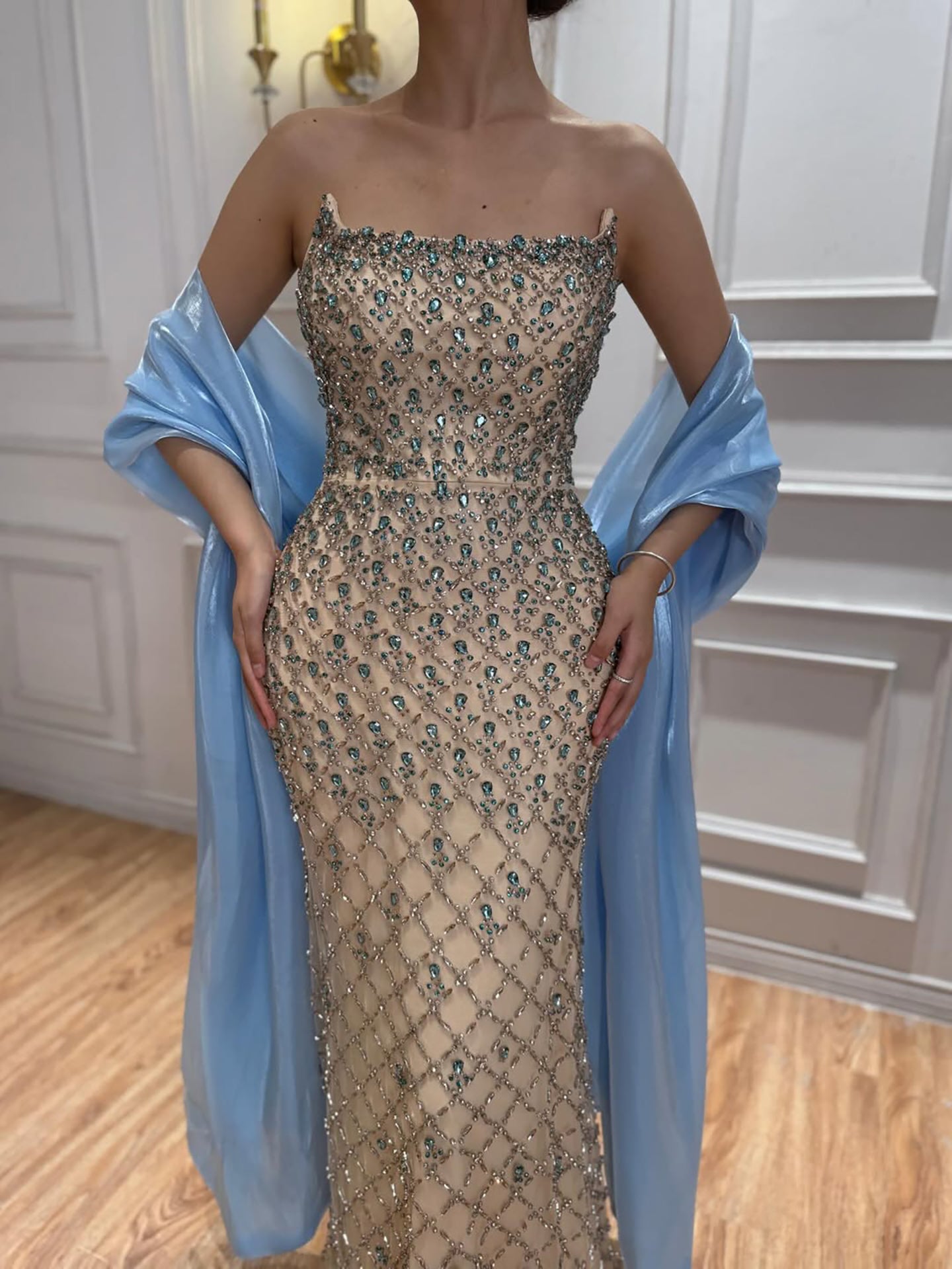 Luxury Blue Diamond Evening Dress with Cape Gown for Wedding Party LA73226