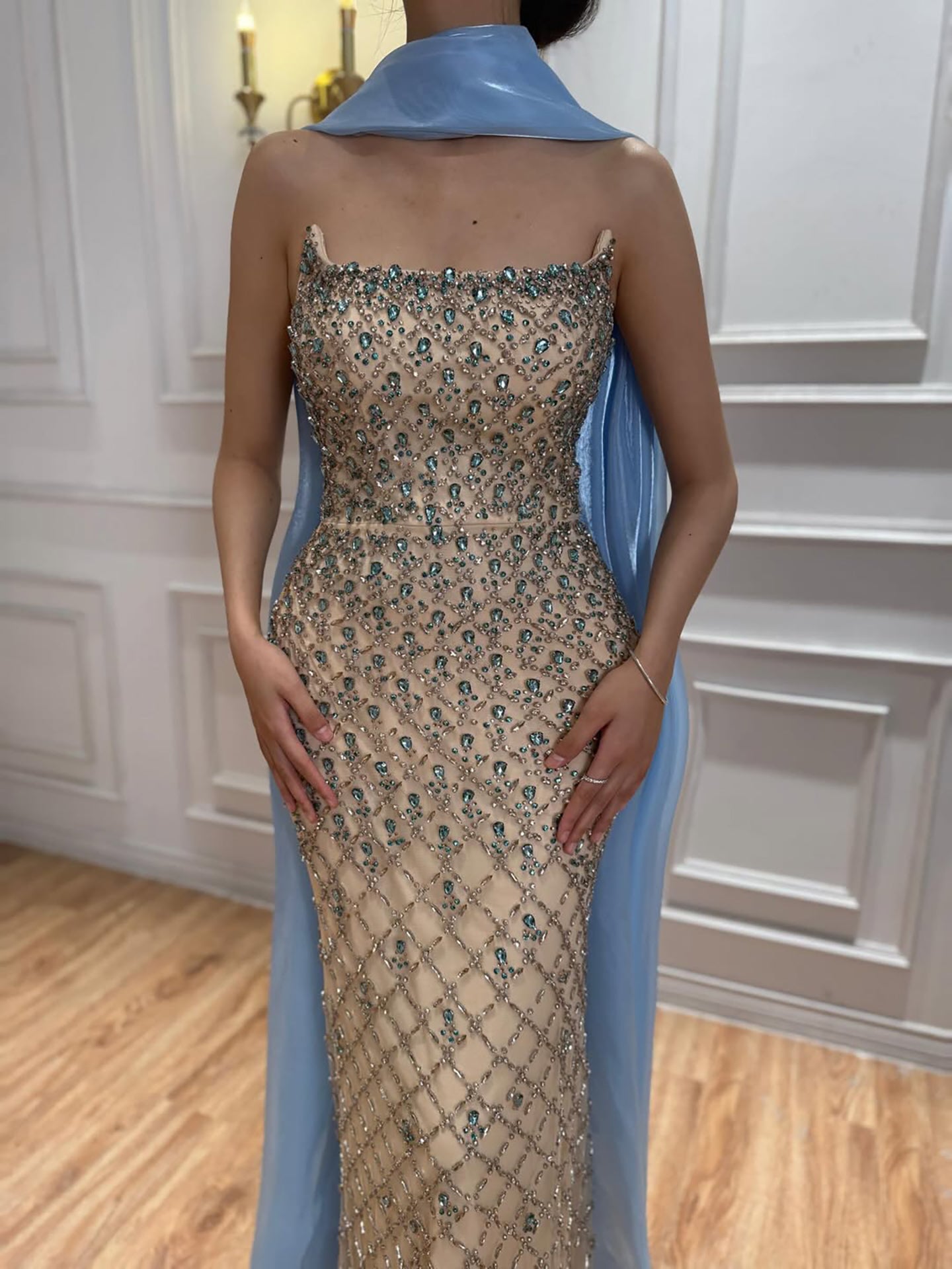 Luxury Blue Diamond Evening Dress with Cape Gown for Wedding Party LA73226