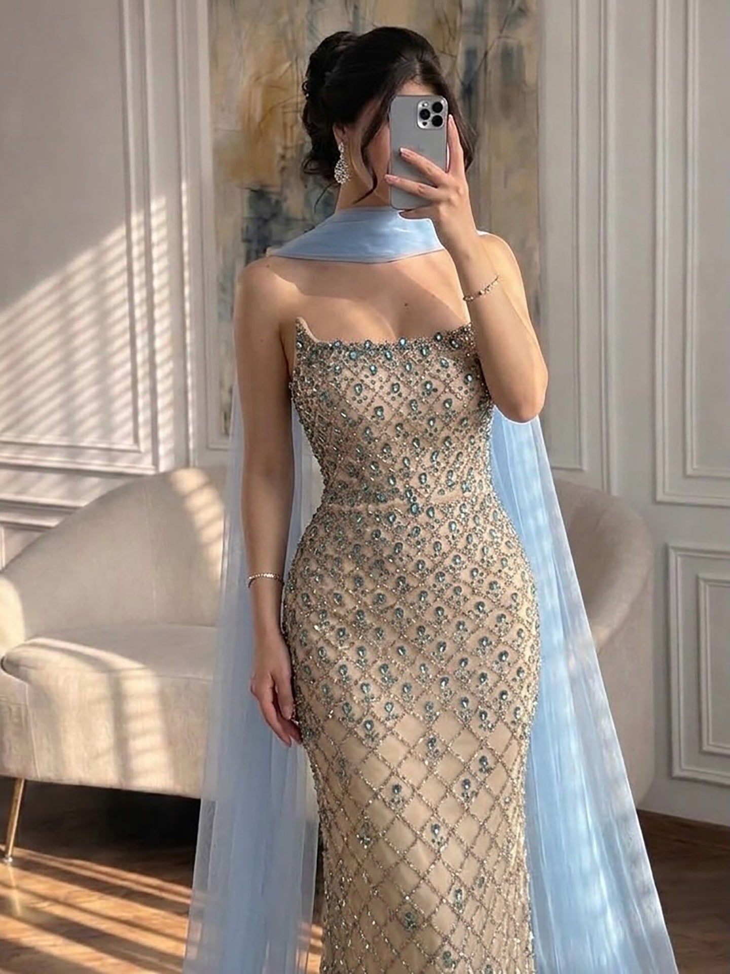 Luxury Blue Diamond Evening Dress with Cape Gown for Wedding Party LA73226