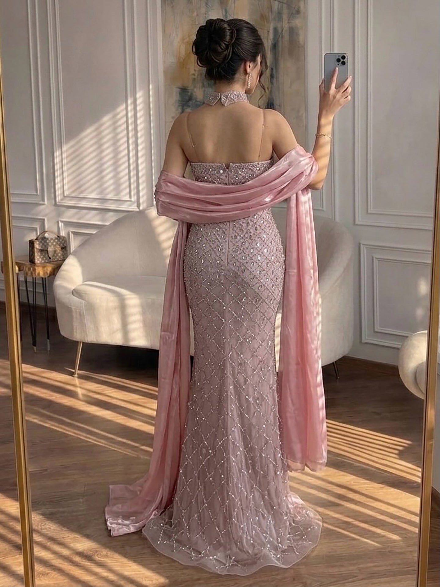 Luxury Blue Diamond Evening Dress with Cape Gown for Wedding Party LA73226 Blue gold / 16