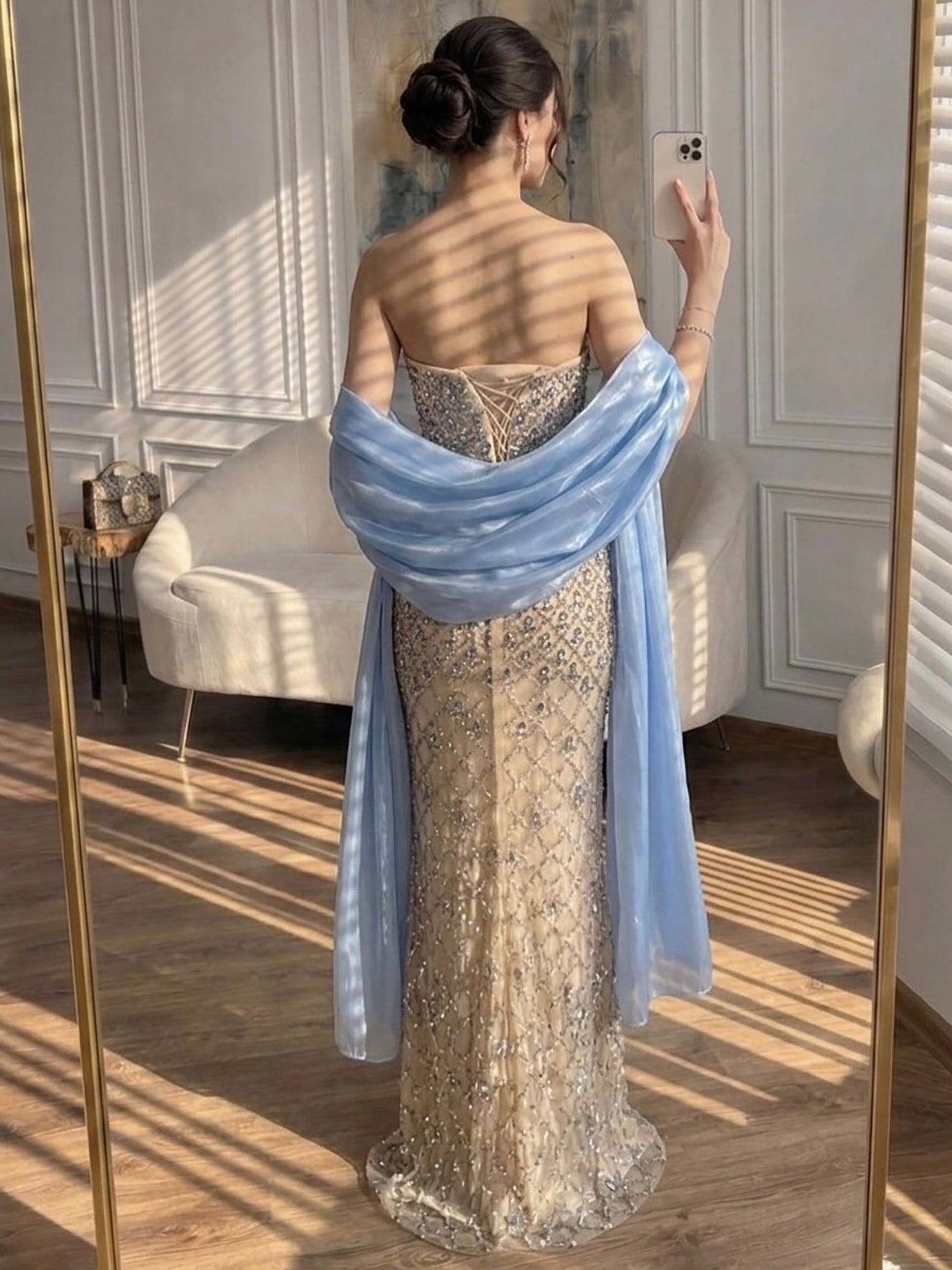Luxury Blue Diamond Evening Dress with Cape Gown for Wedding Party LA73226