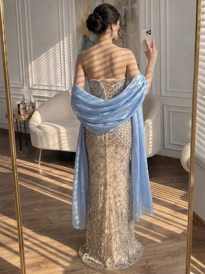 Luxury Blue Diamond Evening Dress with Cape Gown for Wedding Party LA73226