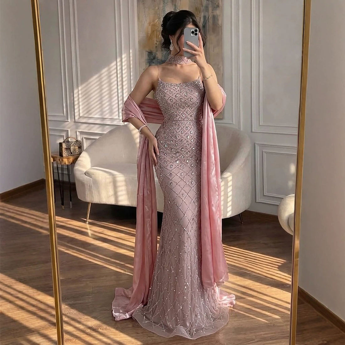 Luxury Pink Diamond Evening Dress with Cape Gown for Wedding Party LA73226A