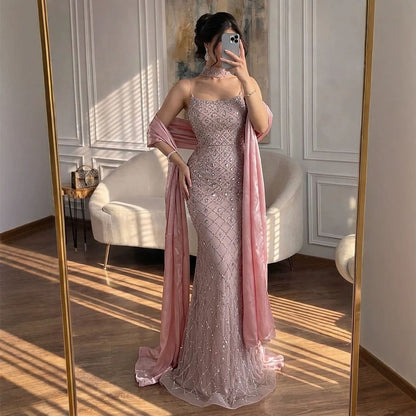 Luxury Pink Diamond Evening Dress with Cape Gown for Wedding Party LA73226A