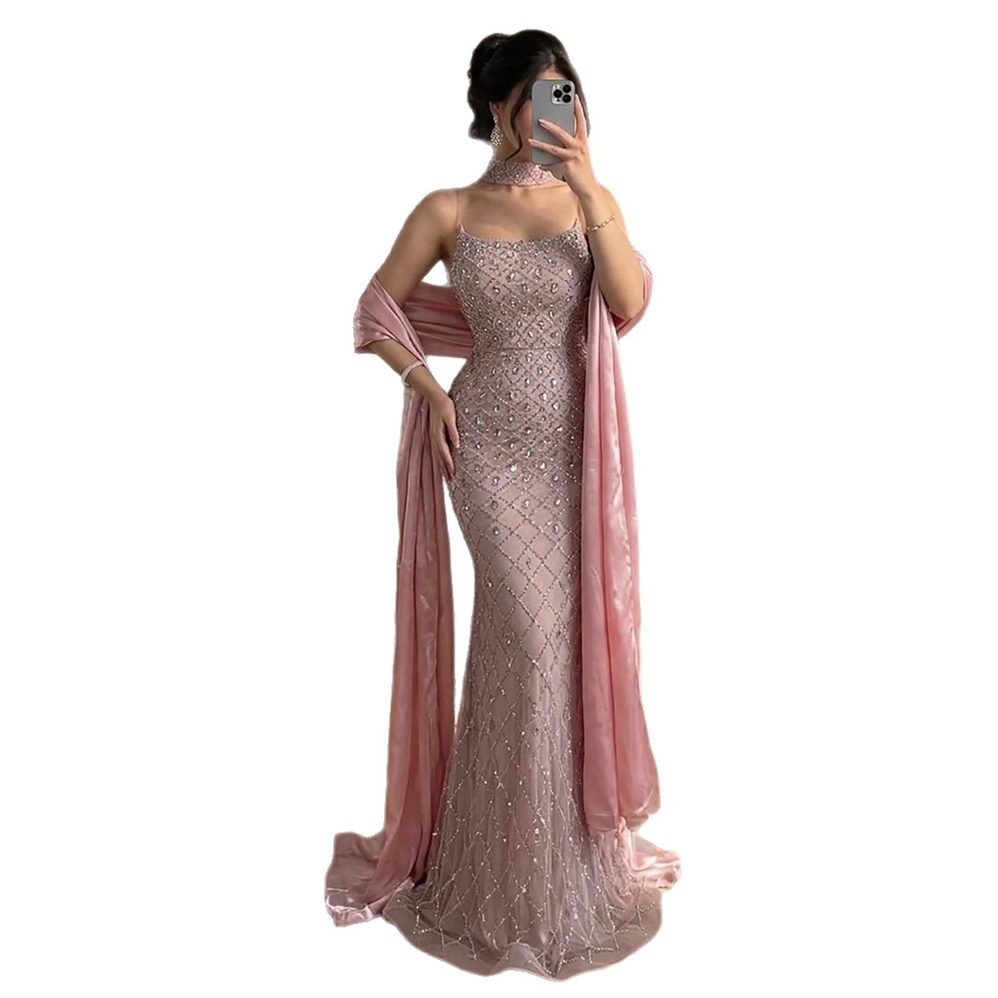 Luxury Pink Diamond Evening Dress with Cape Gown for Wedding Party LA73226A
