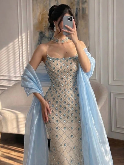 Luxury Pink Diamond Evening Dress with Cape Gown for Wedding Party LA73226A