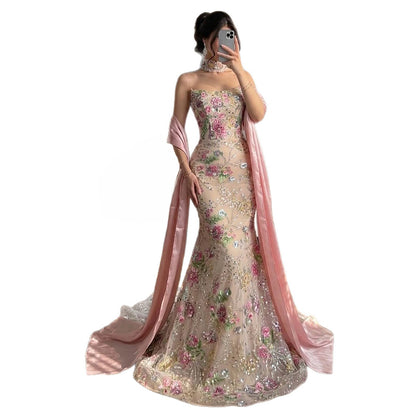 Luxury Pink Floral Beaded Mermaid Gown with Shawl LA73226B SERENE HILL