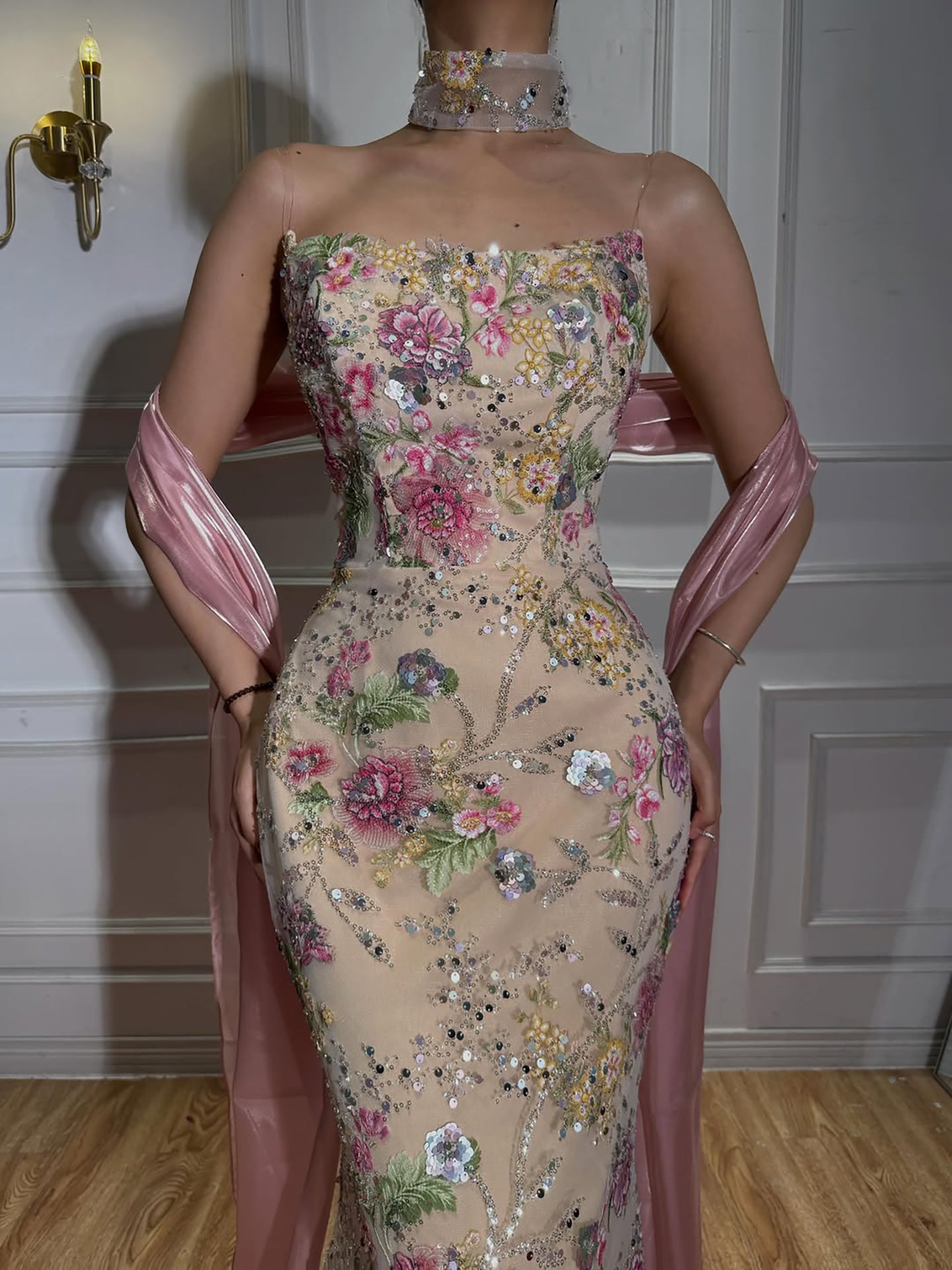 Luxury Pink Floral Beaded Mermaid Gown with Shawl LA73226B SERENE HILL
