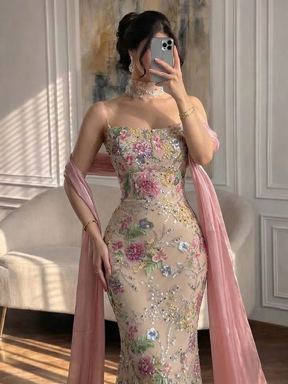 Luxury Pink Floral Beaded Mermaid Gown with Shawl LA73226B SERENE HILL