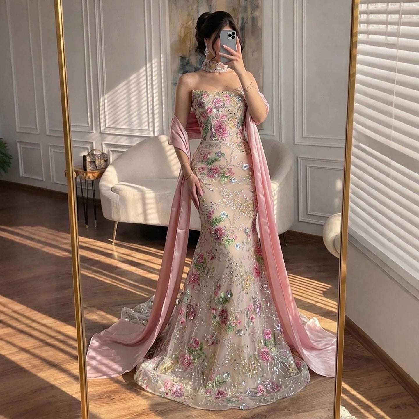 Luxury Pink Floral Beaded Mermaid Gown with Shawl LA73226B SERENE HILL