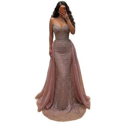 Luxury Pink Crystal Beaded Mermaid Evening Dress LA73226C