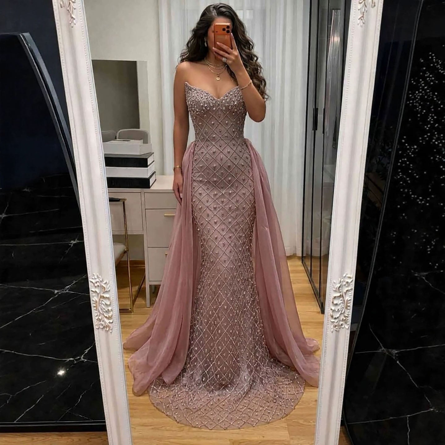 Luxury Pink Crystal Beaded Mermaid Evening Dress LA73226C