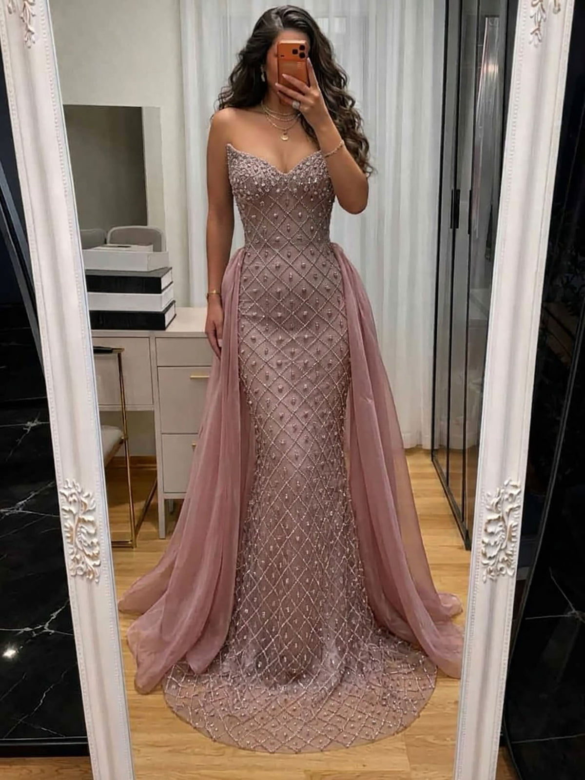 Luxury Pink Crystal Beaded Mermaid Evening Dress LA73226C