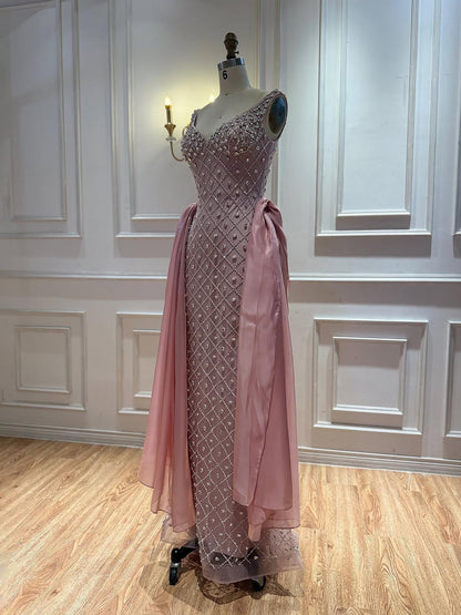 Luxury Pink Crystal Beaded Mermaid Evening Dress LA73226C