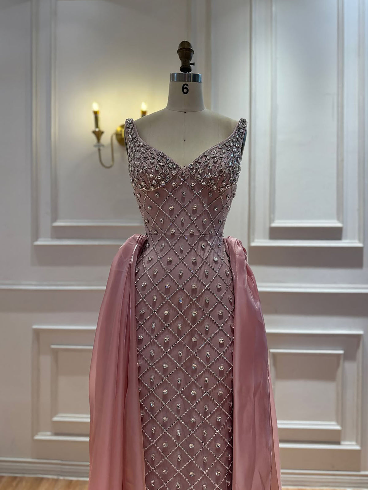 Luxury Pink Crystal Beaded Mermaid Evening Dress LA73226C