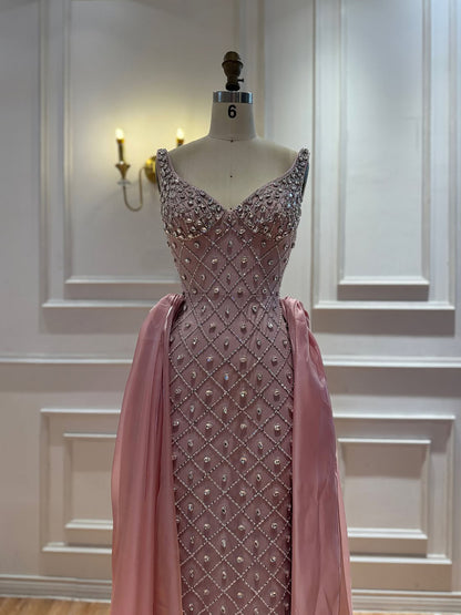Luxury Pink Crystal Beaded Mermaid Evening Dress LA73226C