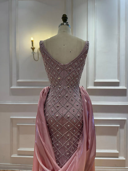 Luxury Pink Crystal Beaded Mermaid Evening Dress LA73226C