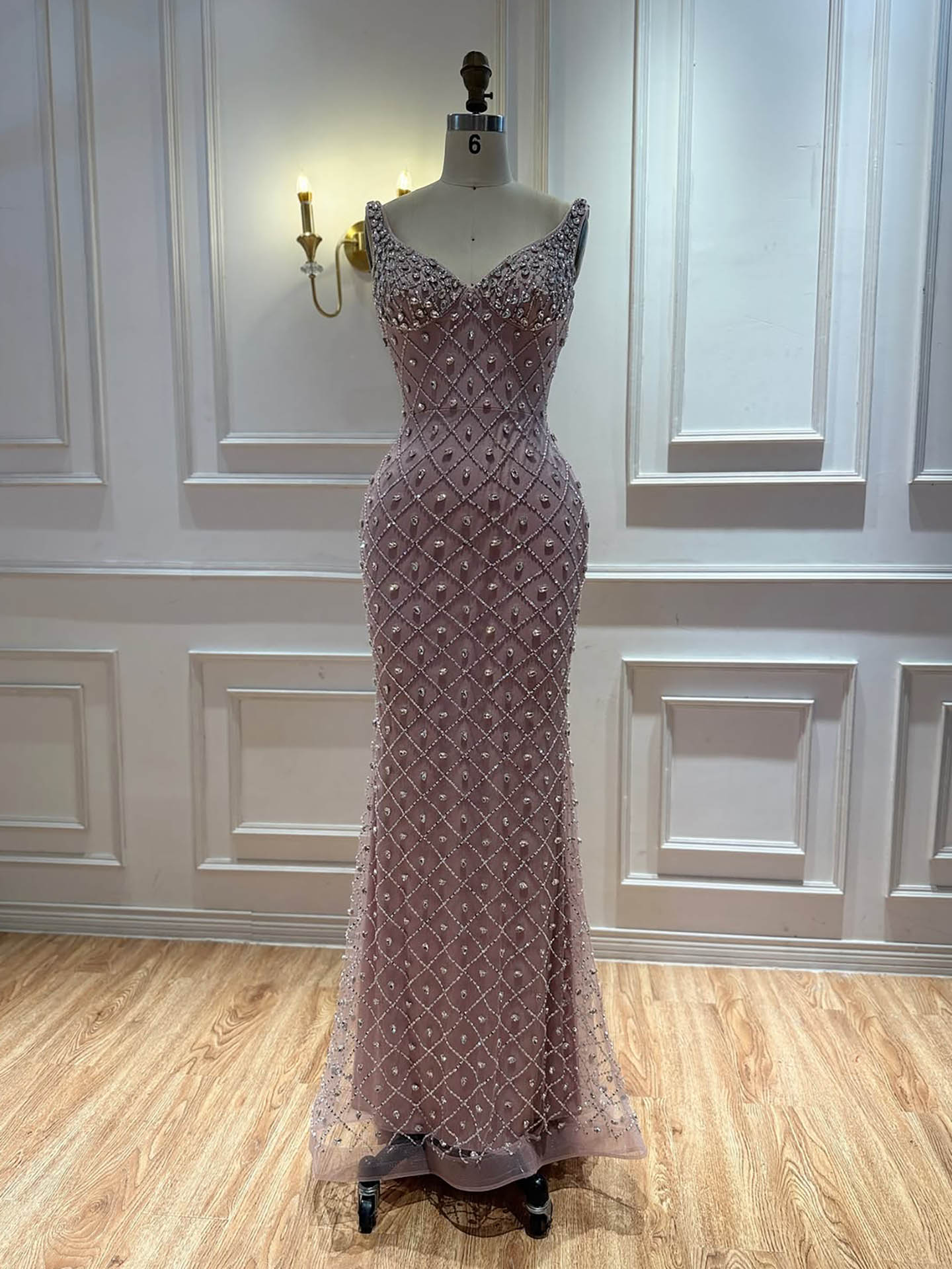 Luxury Pink Crystal Beaded Mermaid Evening Dress LA73226C