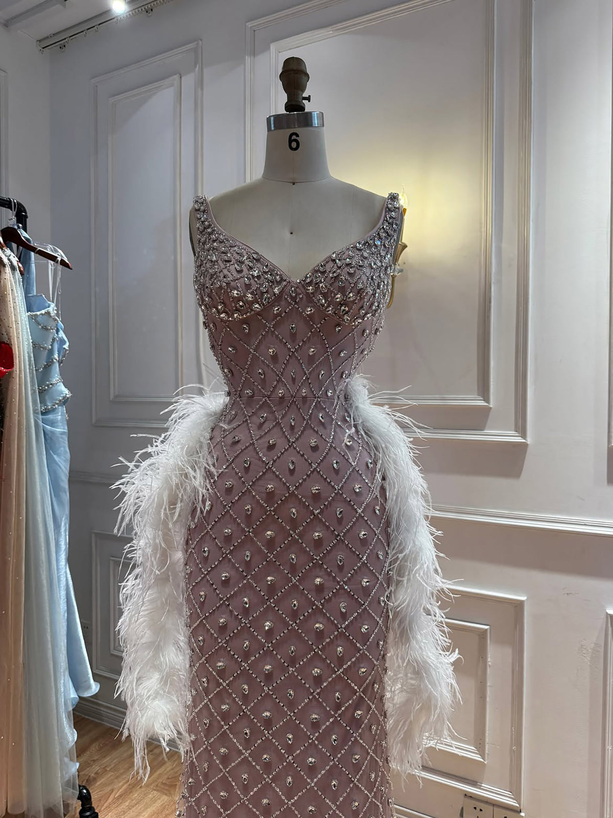Luxury Nude Crystal Beaded Feather Mermaid Evening Dress LA73226D