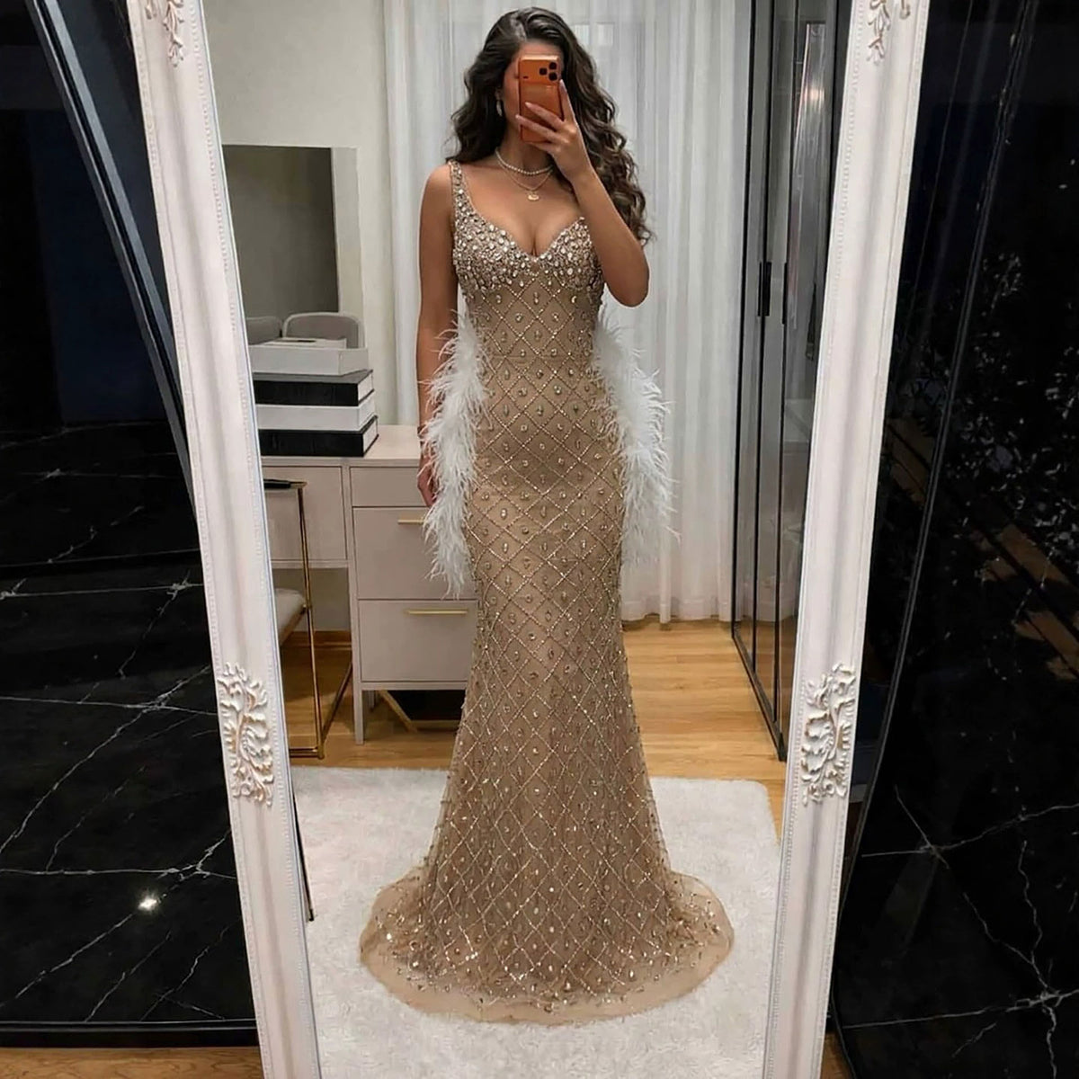 Luxury Nude Crystal Beaded Feather Mermaid Evening Dress LA73226D