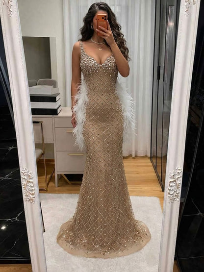 Luxury Nude Crystal Beaded Feather Mermaid Evening Dress LA73226D