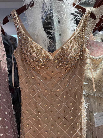 Luxury Nude Crystal Beaded Feather Mermaid Evening Dress LA73226D
