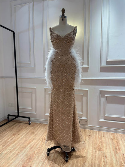 Luxury Nude Crystal Beaded Feather Mermaid Evening Dress LA73226D