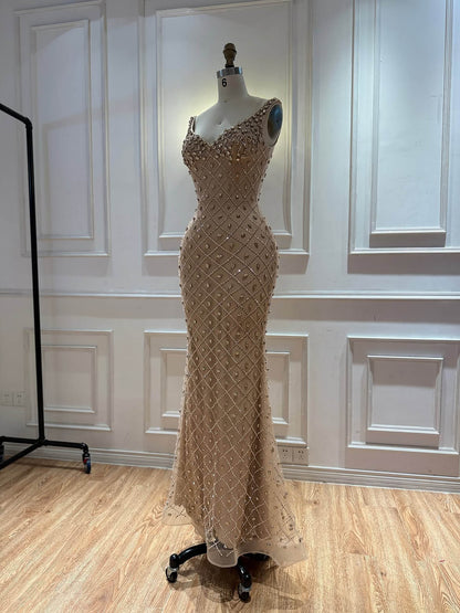 Luxury Nude Crystal Beaded Feather Mermaid Evening Dress LA73226D