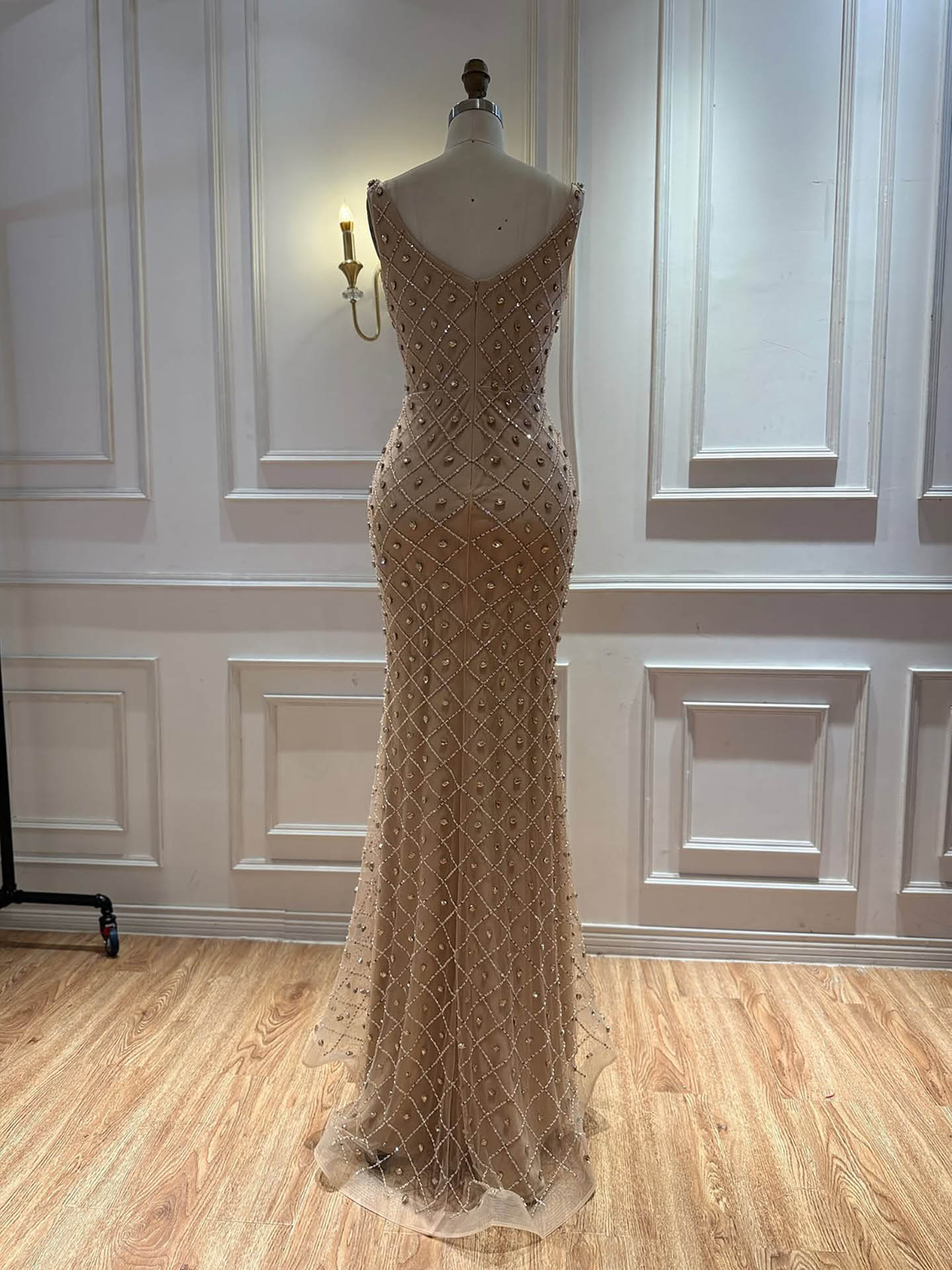 Luxury Nude Crystal Beaded Feather Mermaid Evening Dress LA73226D