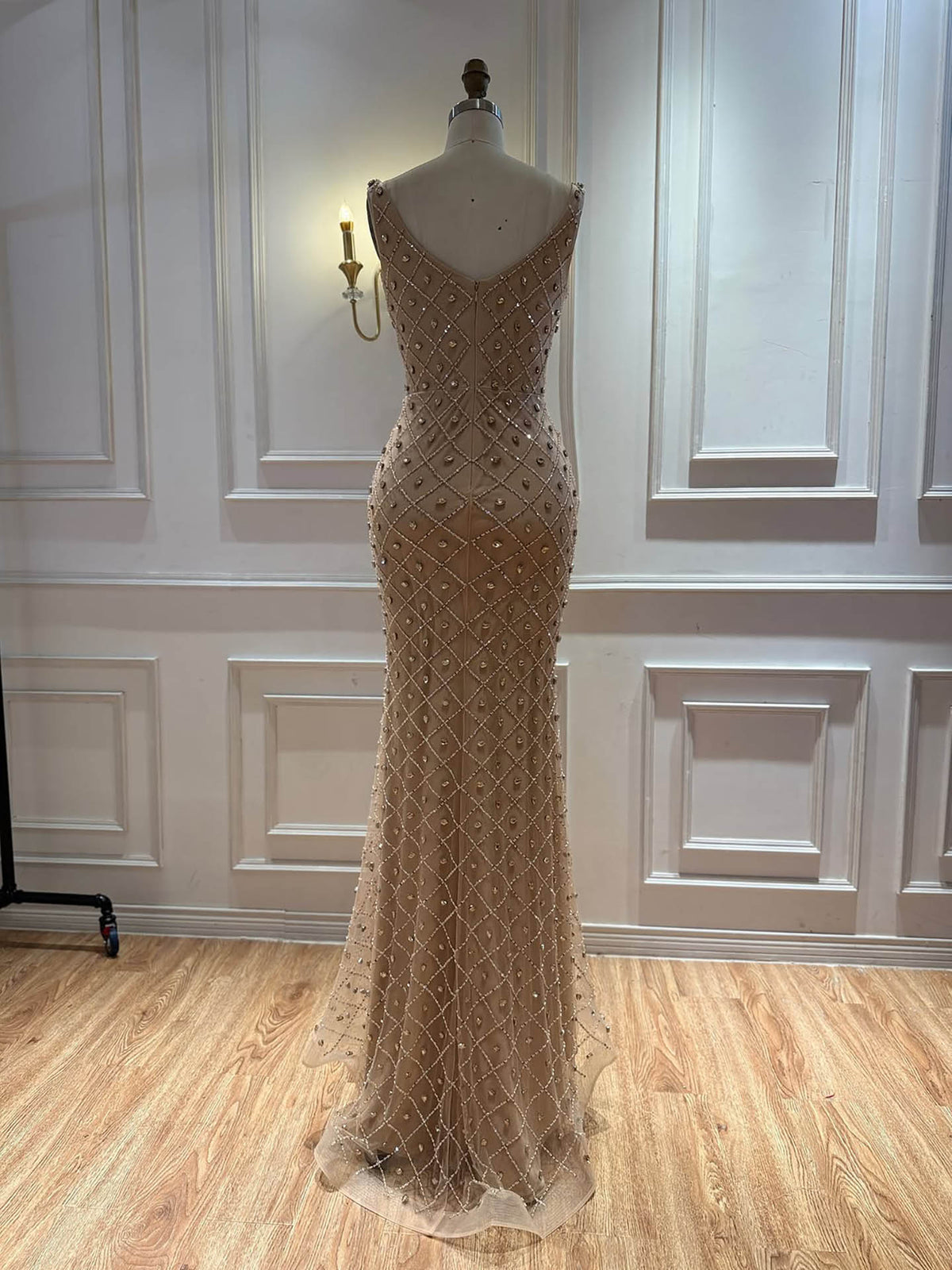 Luxury Nude Crystal Beaded Feather Mermaid Evening Dress LA73226D