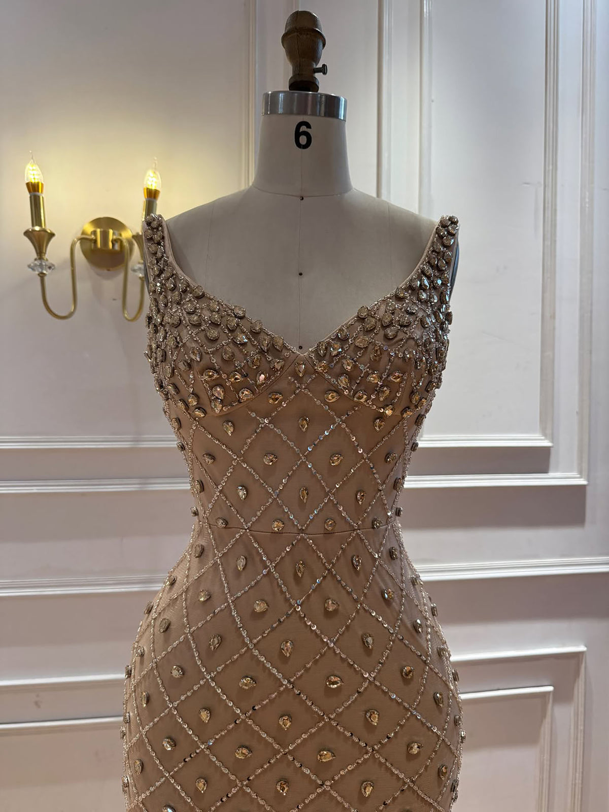 Luxury Nude Crystal Beaded Feather Mermaid Evening Dress LA73226D