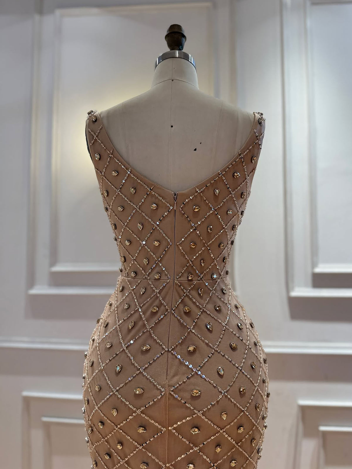 Luxury Nude Crystal Beaded Feather Mermaid Evening Dress LA73226D